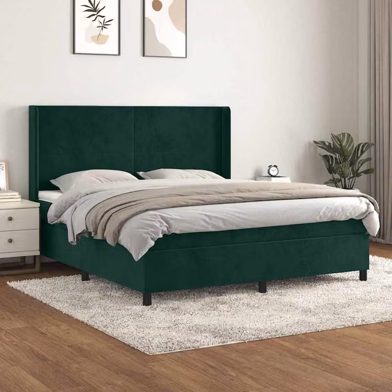 vidaXL Giroletto a Molle con Materasso in Velluto Verde Scuro e Bianco, Struttura in Legno di Larice e Metallo, L/P: 160 x 200 cm
