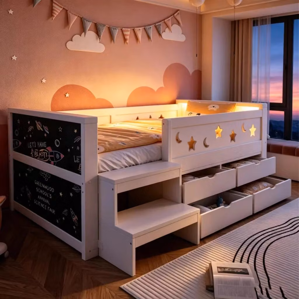 Letto per bambini Mivray in legno bianco con 4 cassetti, scaletta con vano, illuminazione LED e decorazioni stelle e luna, L/P/H: 204 x 90 x 114 cm – 2