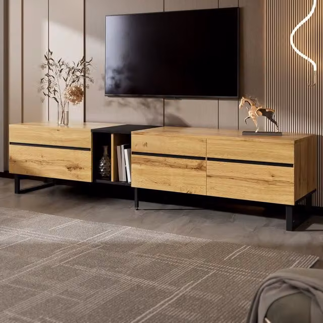 Mobile porta TV OKWISH moderno in truciolare color legno marrone con anta a ribalta, vani aperti e 2 ante, L: 180 cm, P: 38 cm, H: 45 cm