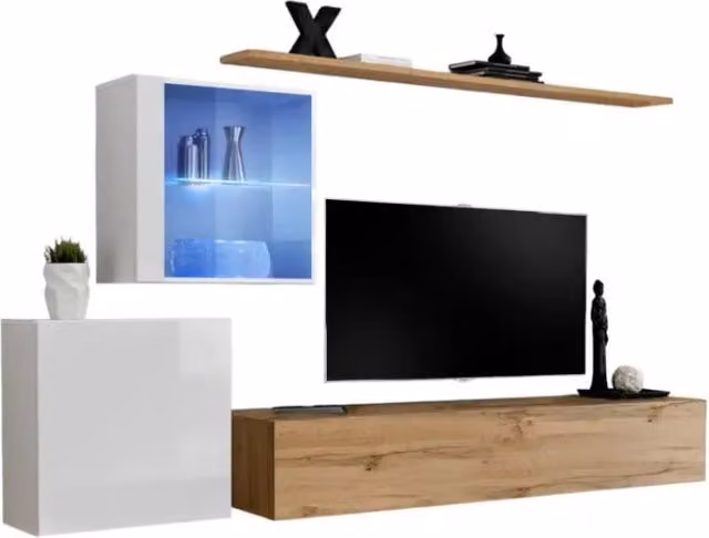 Composizione murale SWITCH XV – Mobile TV, cubi sospesi e scaffale – Rovere Wotan e bianco lucido – Design moderno