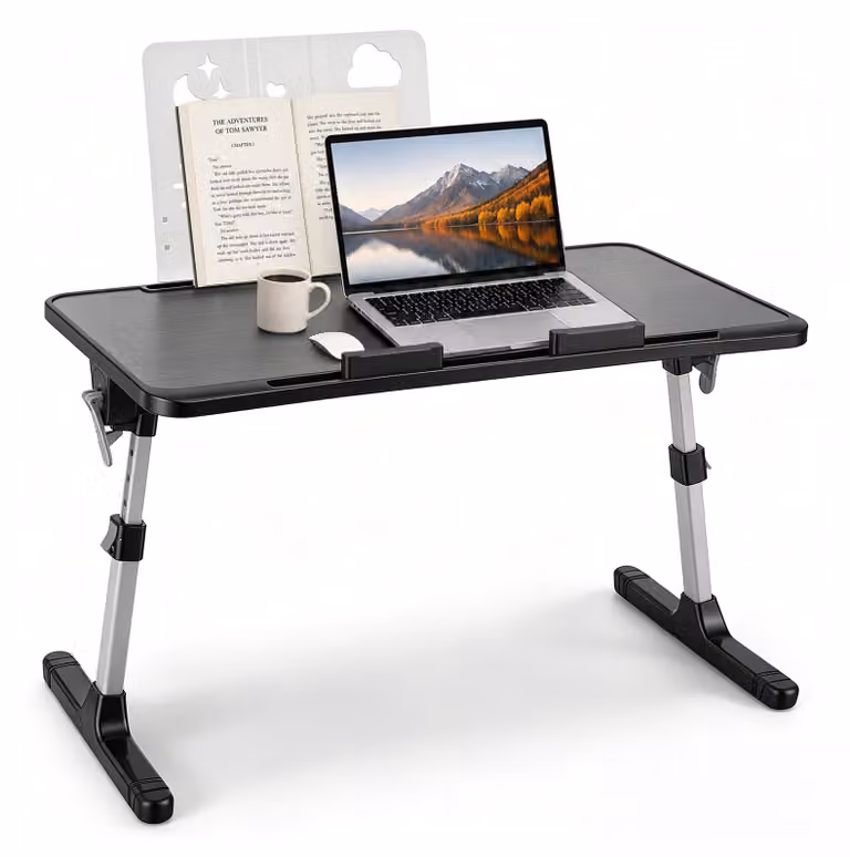 Tavolino per laptop da usare a letto o sul divano - Pieghevole - Regolazione dell'altezza su 5 livelli - Multifunzionale - Struttura in metallo - 2 kg - Nero