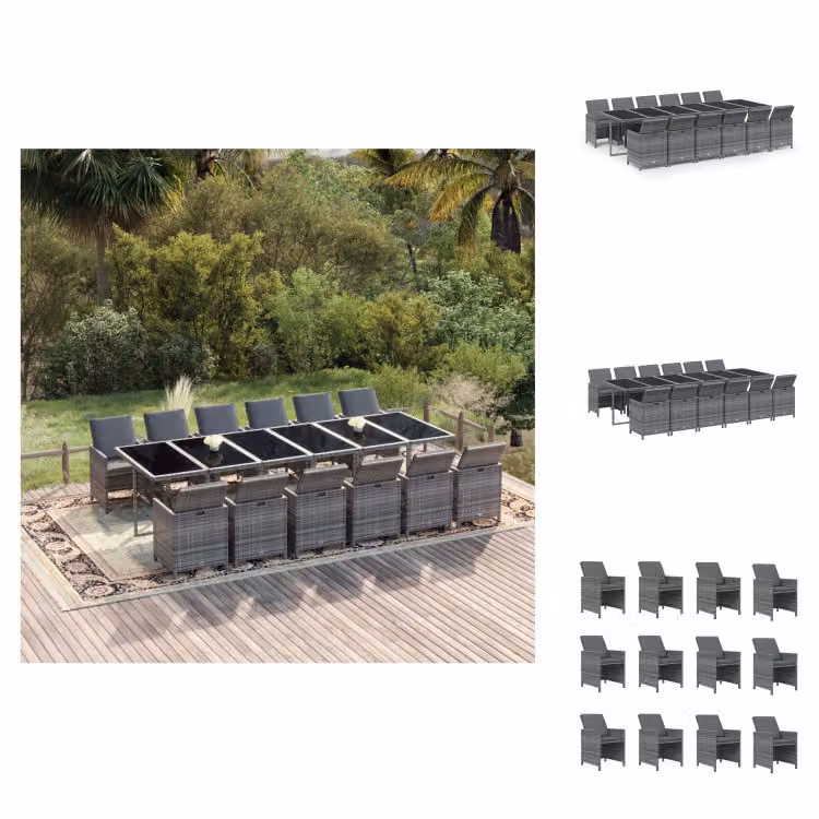 vidaXL set da pranzo da giardino 13 pezzi con cuscini in poly rattan grigio - Set di mobili da giardino
