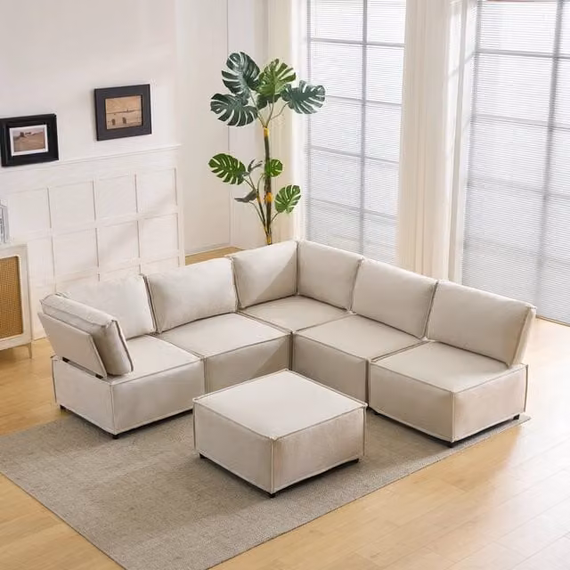 Set modulare Zephmum con struttura in legno e rivestimento in tessuto beige per il tuo living