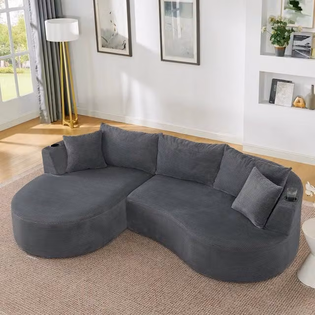 Divano 3 Posti con Chaise Longue Sinistra, Tessuto, Cuscini e Portabicchieri ¨C Xylo ¨C Grigio