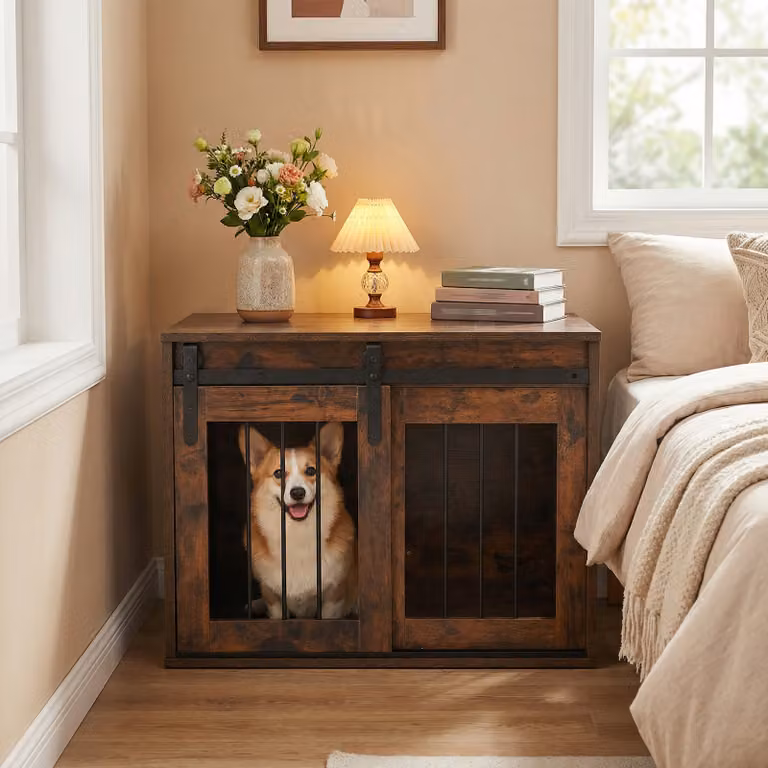 Gabbia per cani Costway in metallo e legno con porta scorrevole e piano superiore ampio, colore marrone stile industriale