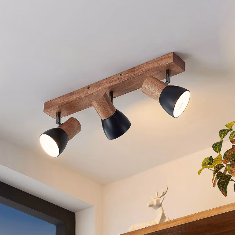 Faretto da soffitto Lindby Tonja, a 3 luci, 55 cm, legno, acciaio Tonja Lindby, dimmerabile, Legno chiaro, Soggiorno / Sala da pranzo, Metallo, Moderno, Faretto