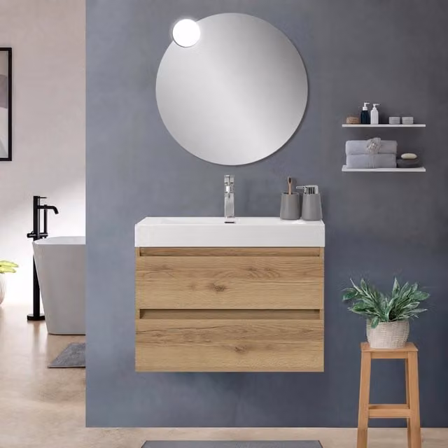 Mobile bagno sospeso 100 cm quercia naturale con due cassetti e lavabo alto in resina Leda