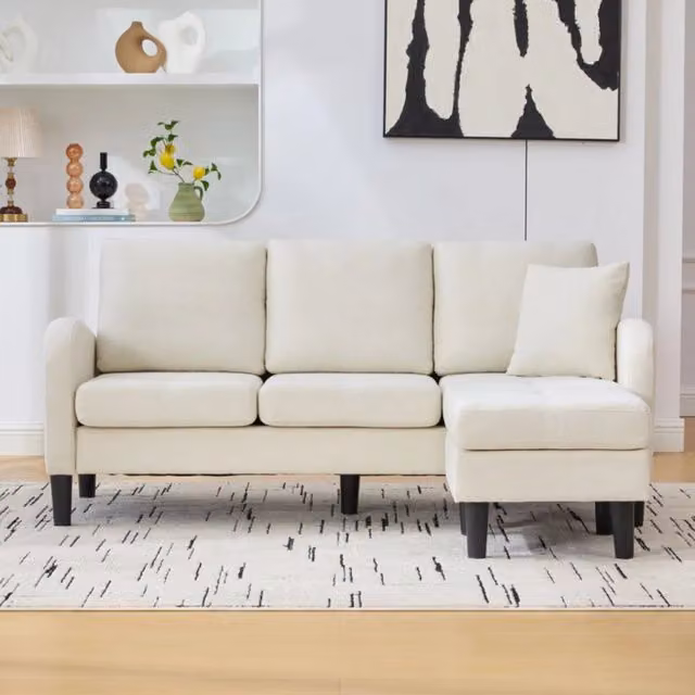 Divano angolare modulare REDOM beige chiaro, modello moderno reversibile con seduta in schiuma e cuscini inclusi, L/P/H: 166 x 118 x 77 cm