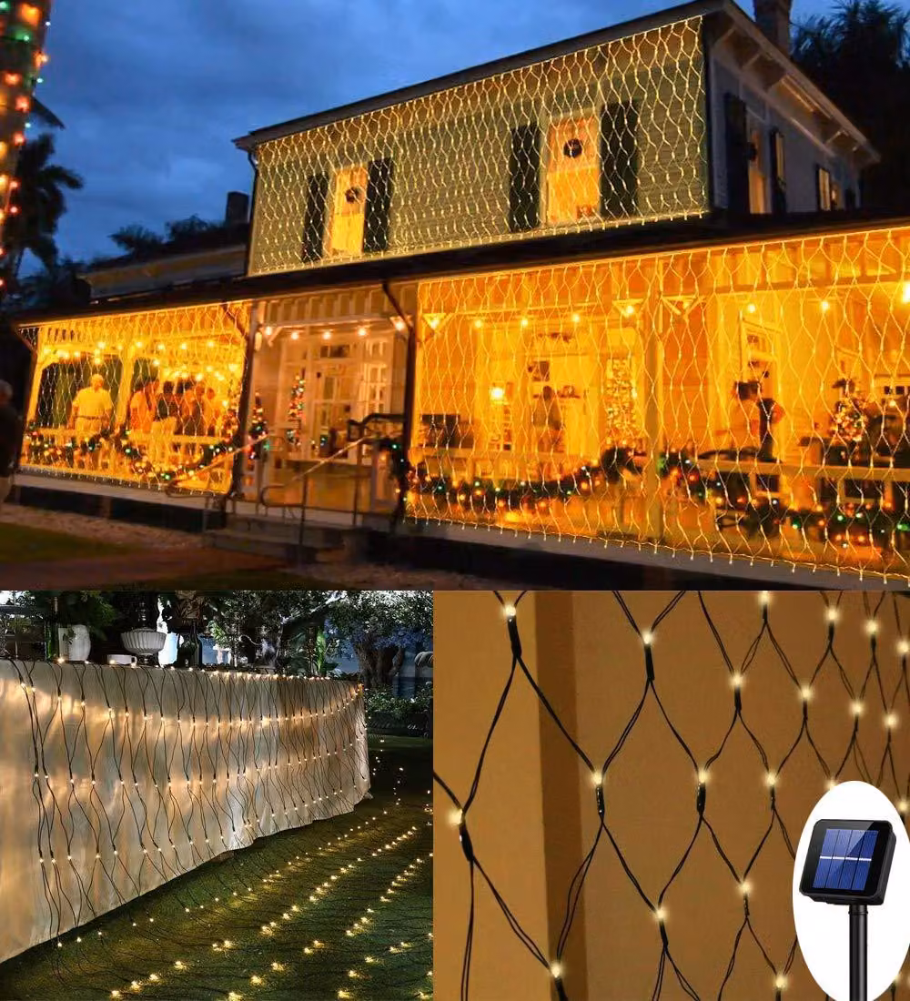 Catene luminose solari con 200 LED, lunghezza 3x2 metri, 8 modalità di illuminazione, luce bianco caldo, resistenti alle intemperie
