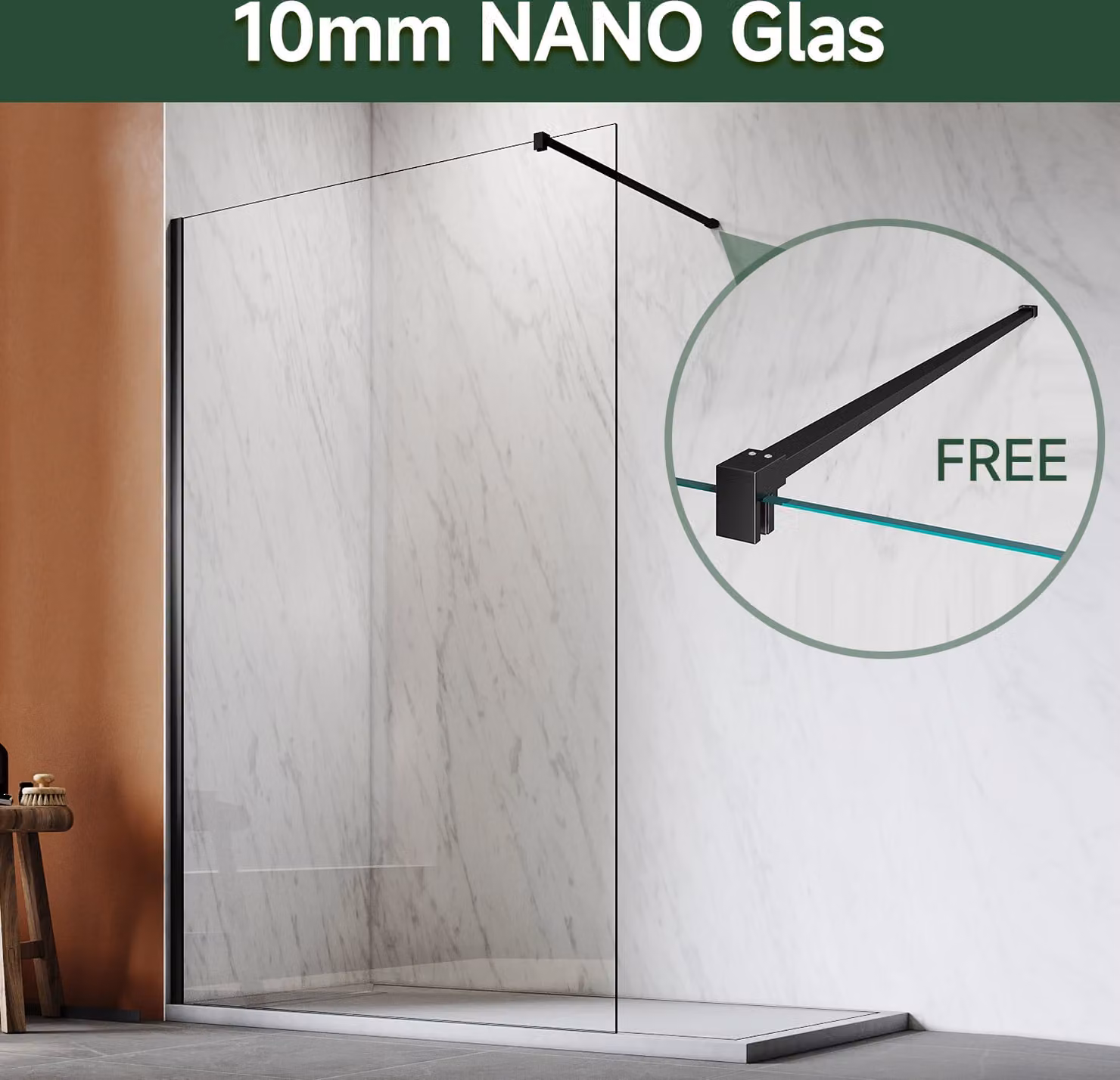 SONNI 100x200cm Schermo doccia walk in con vetro trasparente rivestito in NANO da 10 mm nero Cabina doccia