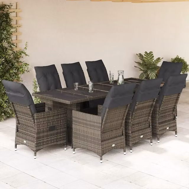 Set Bistrò da Giardino vidaXL 9 pz in Polyrattan Grigio con Cuscini e Tavolo in Vetro