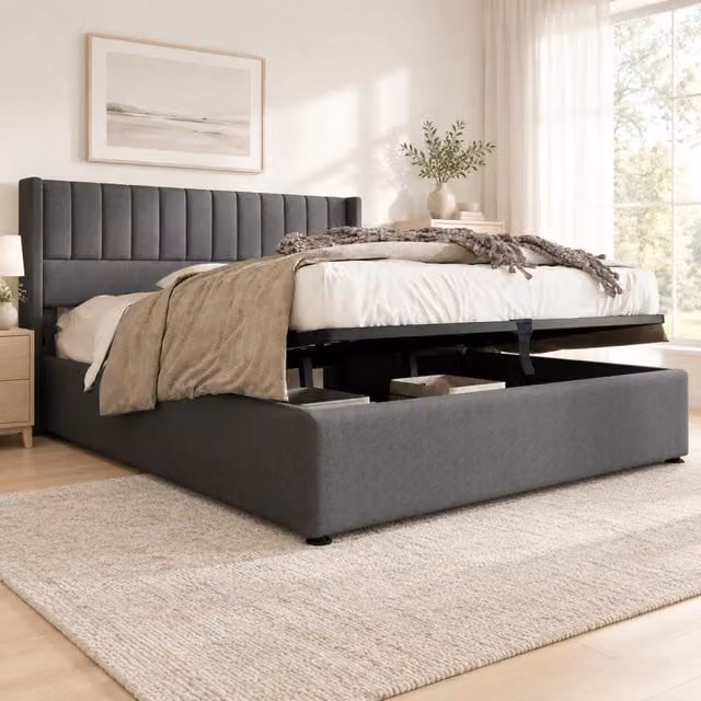 Letto matrimoniale contenitore ULEVR 160x200 cm con sollevamento idraulico, testiera imbottita in lino grigio