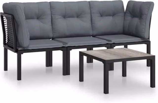 Set Salotto da Giardino Moderno 4 Pezzi in Polyrattan Nero e Grigio con Cuscini Imbottiti e Tavolino da Caffè