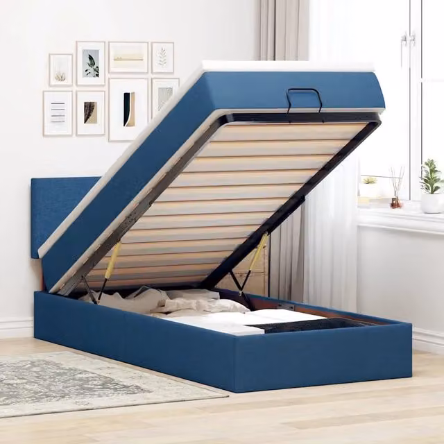 Letto con contenitore a sollevamento vidaXL in tessuto blu e bianco, L/P/H: 190 x 90 x 88 cm – 1