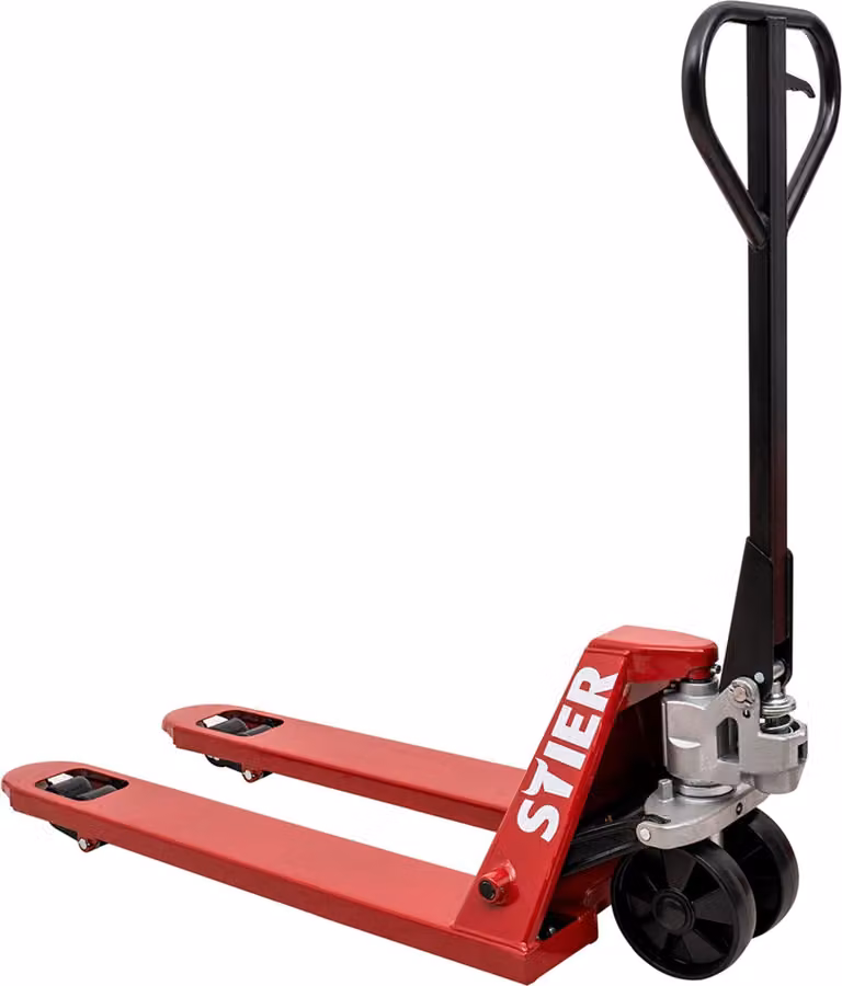 Transpallet STIER, transpallet con portata 2500 kg, lunghezza forche 1000 mm, ruote in nylon, rosso, transpallet, transpallet manuale, angolo di sterzata di 210°, idraulica manuale esente da manutenzione