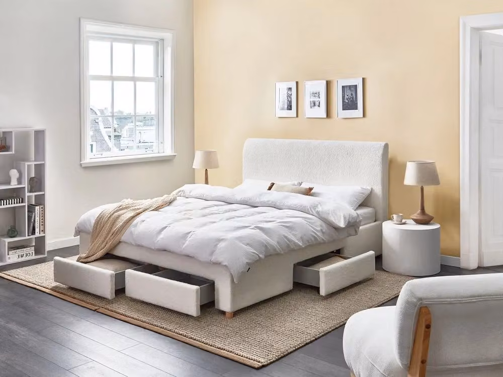 Letto Beliani con cassetti in tessuto bouclé bianco, design scandinavo moderno, L/P/H: 160 x 200 cm – 2