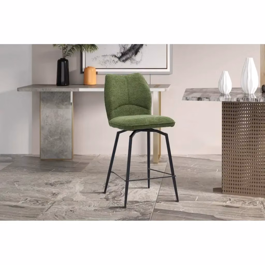 Sedia da bancone girevole CROFT Meublorama in tessuto verde con struttura in metallo nero stile industriale Altezza: 103 cm – 2
