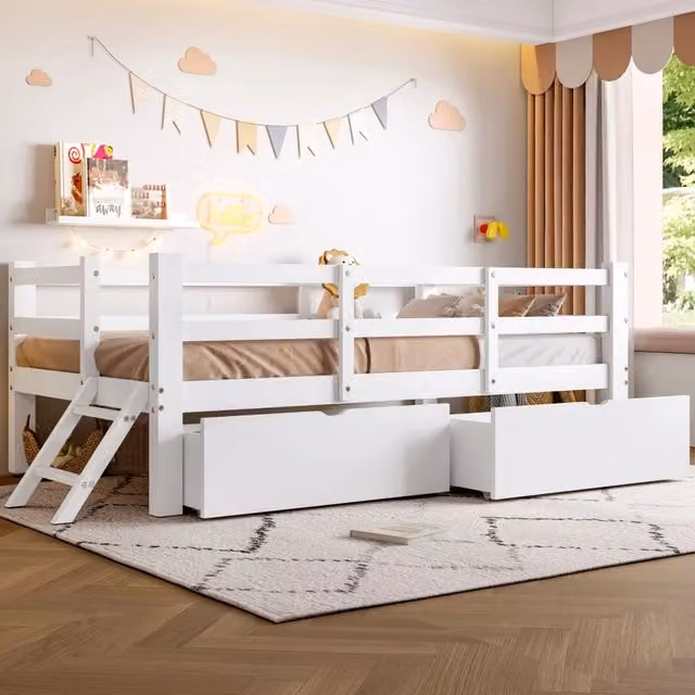 Letto per bambini 90x200 cm con sponde protettive e 2 cassetti; legno bianco
