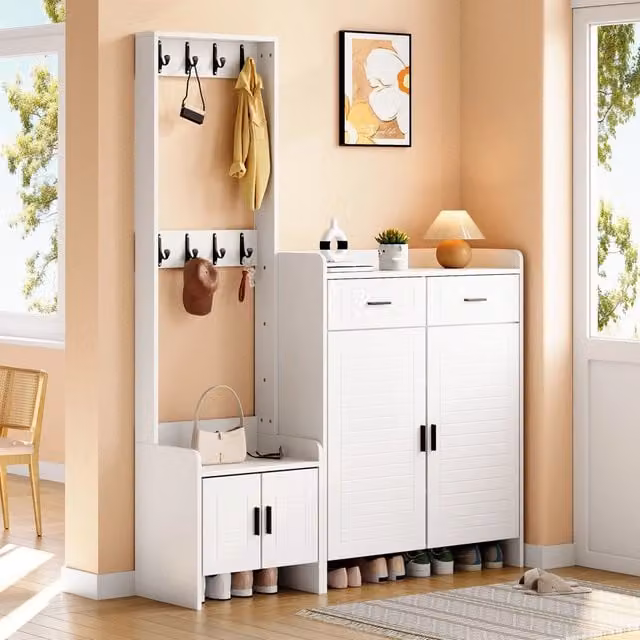 Set di mobili da ingresso MIVRAY bianco con 8 ganci, 2 ante, 2 cassetti e 6 ripiani in MDF e truciolare, L/P/H: 125 x 36 x 165 cm