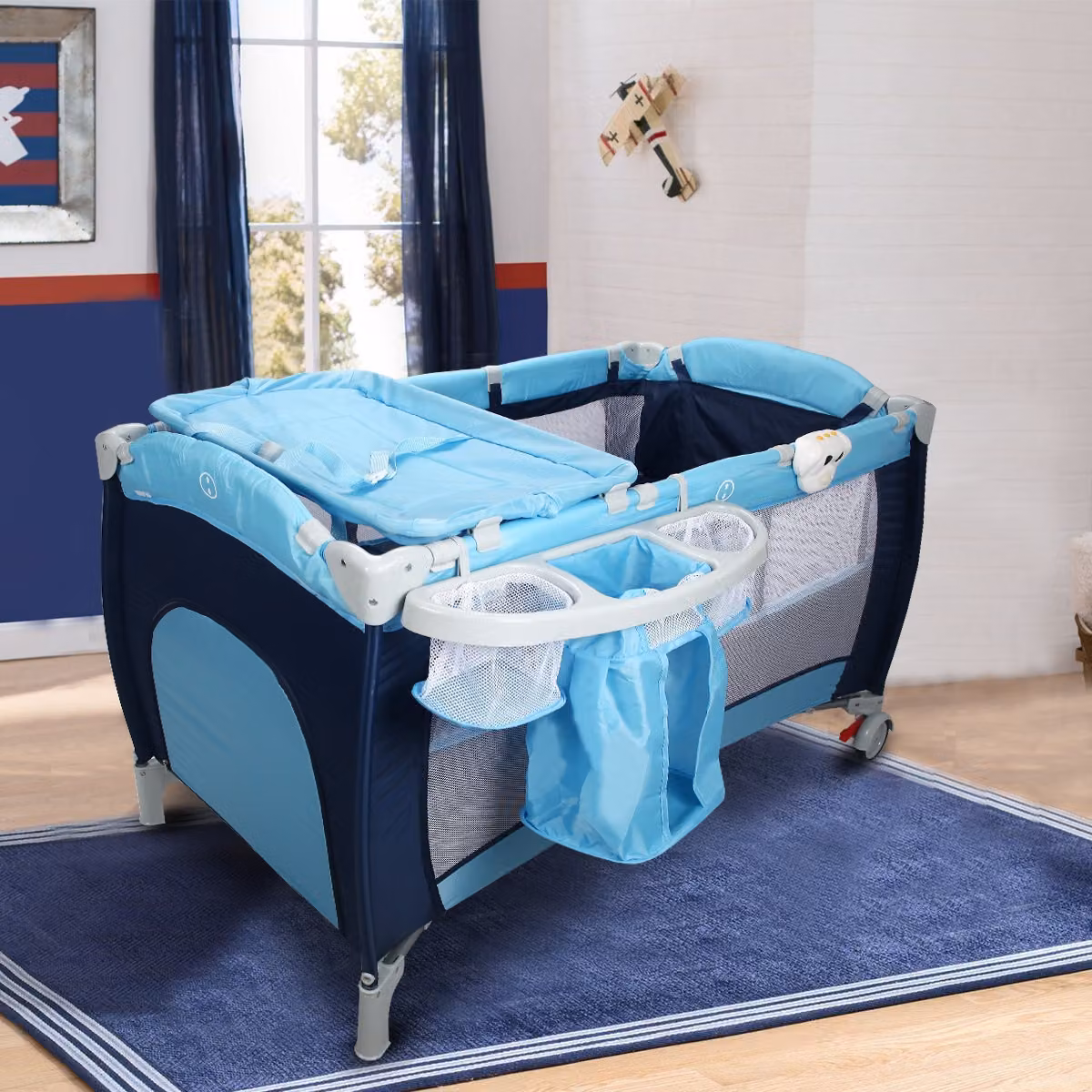 Culla pieghevole per bimbo Costway con zanzariera e due livelli regolabili, Blu, L: 120 cm, P: 60 cm, H: 76 cm