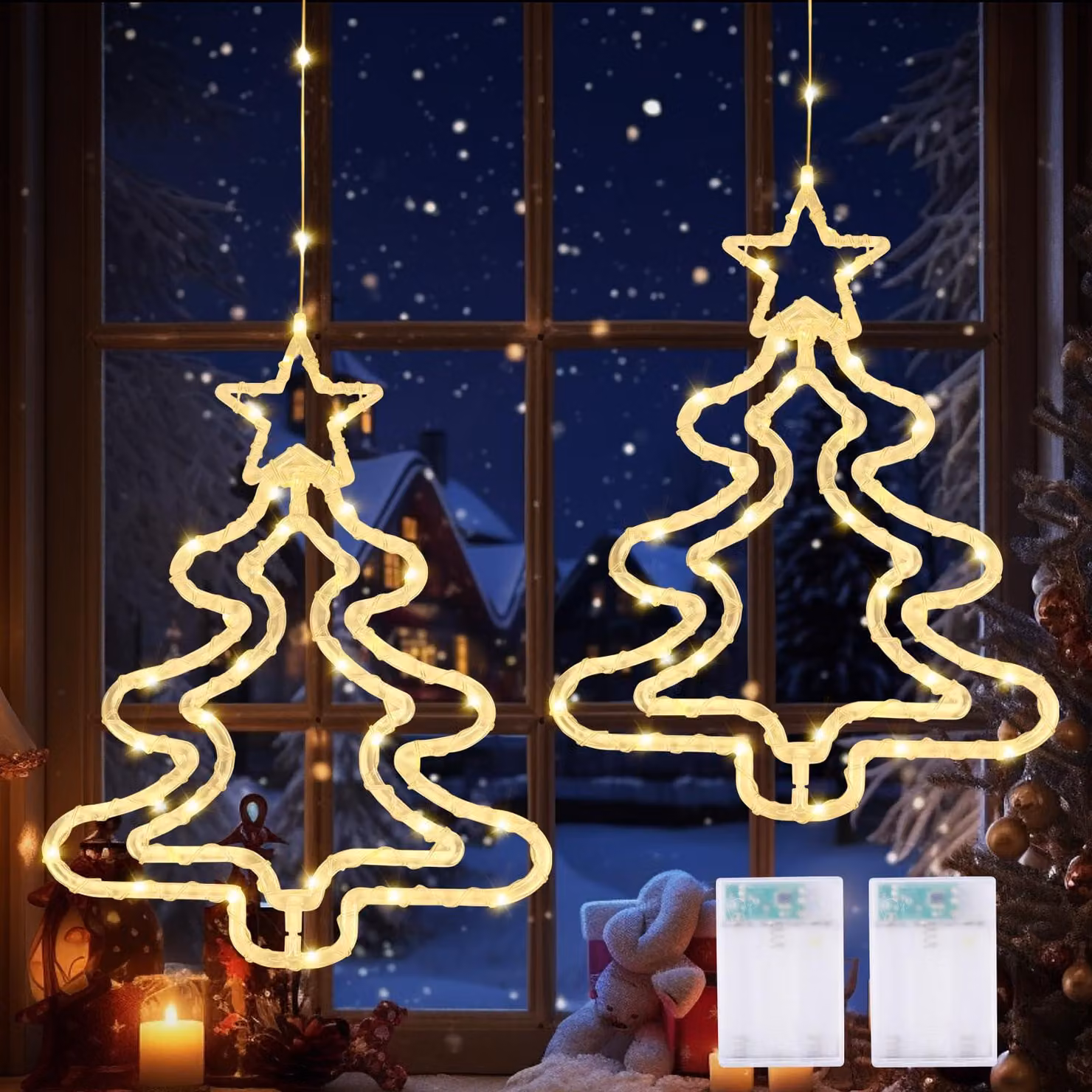 Decorazioni natalizie a LED per finestre, a forma di albero di Natale/campanelle, set da 2, luce bianco caldo, alimentate a batteria