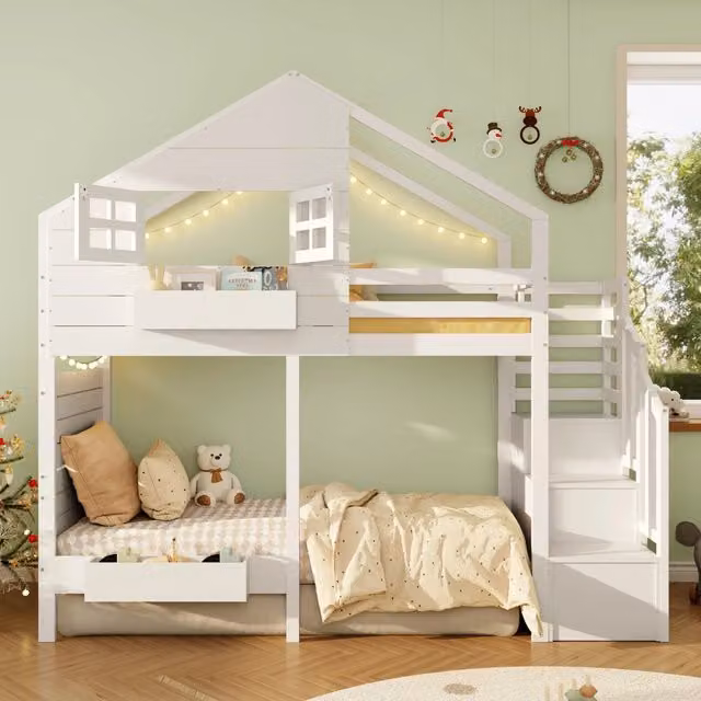 Letto a castello Mivray per bambini in legno e MDF bianco con scala contenitore e rete a doghe L/P/H: 252.5 x 120 x 221.4 cm