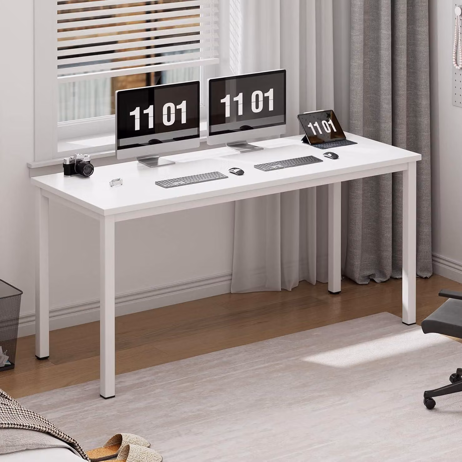 Scrivania 120 x 60 x 75 cm, bianca, con struttura in metallo e piano in legno, ideale per l'ufficio domestico
