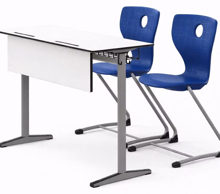 Set di arredi scolastici: banco scolastico con due sedie, moderno, con struttura in metallo robusta