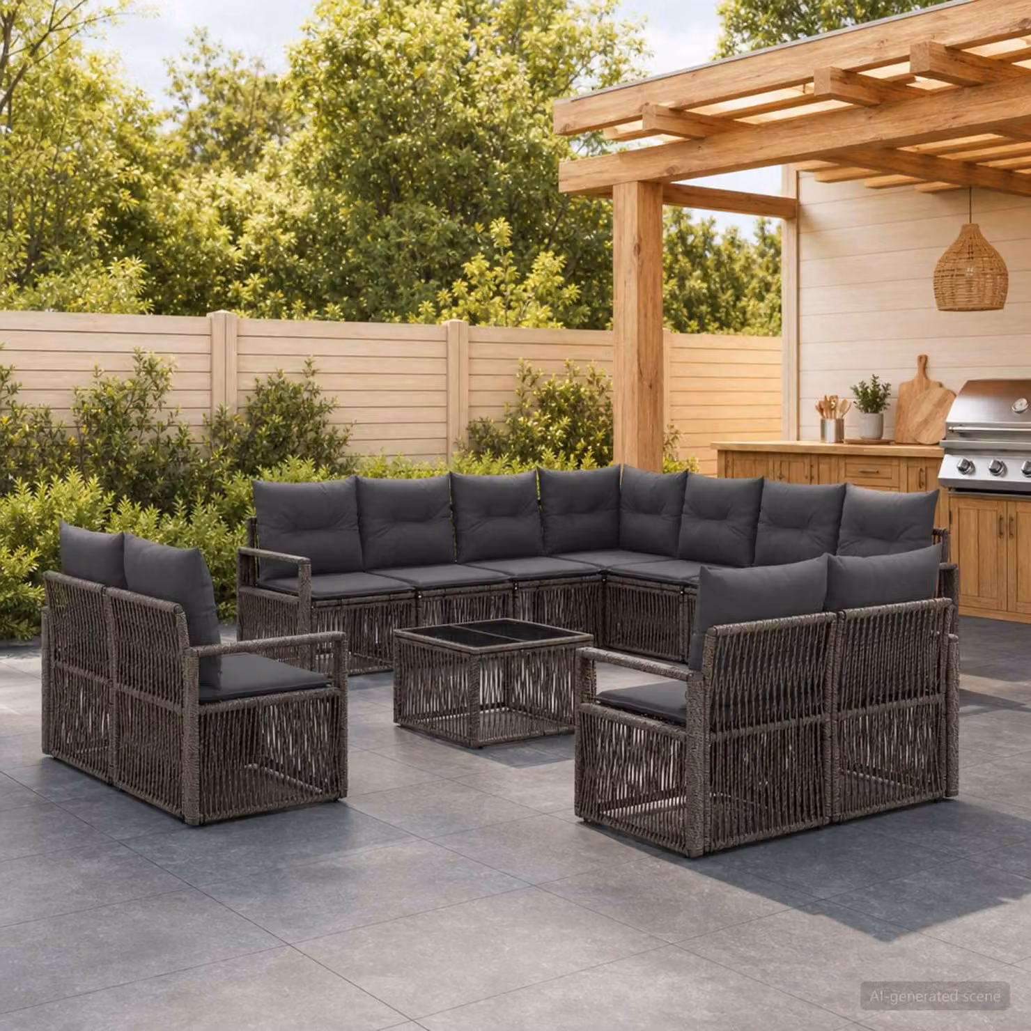 Set Divano da Giardino vidaXL a forma a U in Polyrattan Grigio con Tavolino e Cuscini
