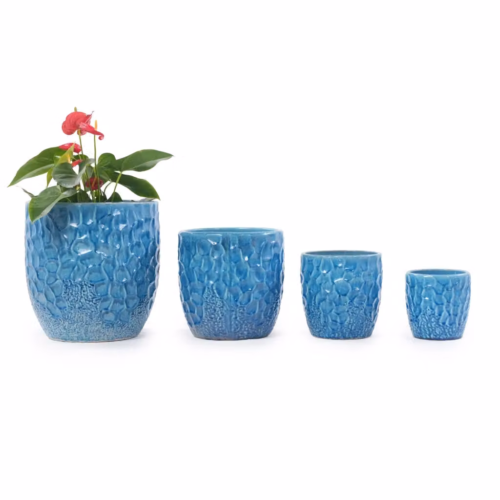 Set di 4 vasi per piante Minimal in ceramica blu lucido per giardino e interno – 2