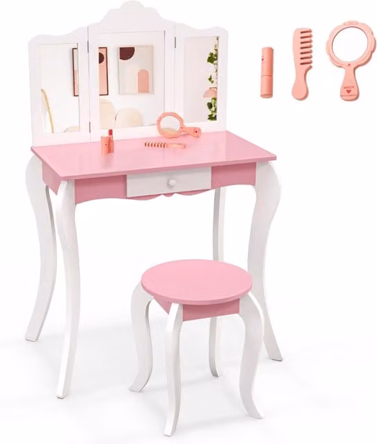 Set toletta da trucco per bambini con specchio a 3 pannelli e sgabello, design classico in legno e MDF laccato, Bianco