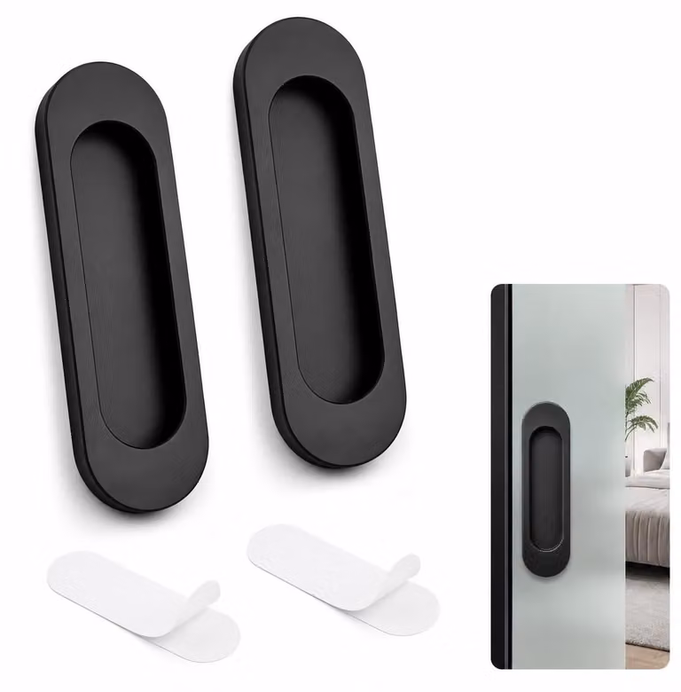 2 maniglie adesive per porte scorrevoli, 10 cm, ideali per porte scorrevoli e mobili, realizzate in alluminio, colore nero, forma ovale