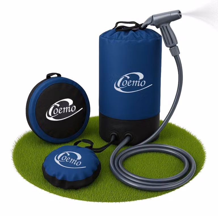 Doccia da campeggio con pompa a pedale, doccia da giardino, doccia solare blu