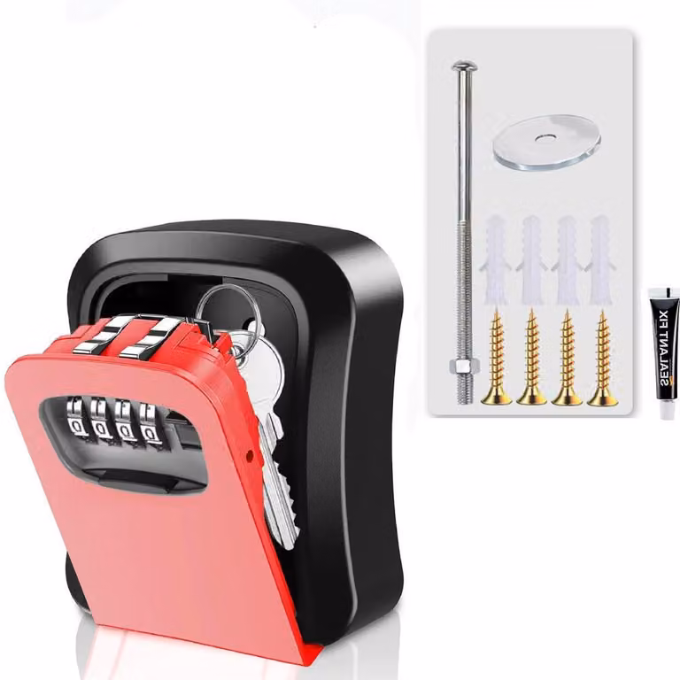 Cassaforte per chiavi con serratura a combinazione – Codice a 4 cifre – Scatola portachiavi per esterni – Resistente alle intemperie – Con viti e adesivo – 11,7x9,7x4 cm – Rosso