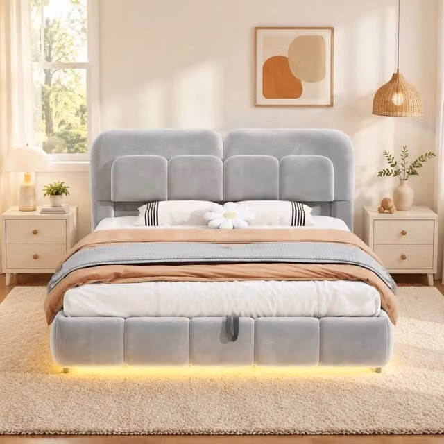 Letto 140x200 cm in velluto grigio con contenitore idraulico e LED, senza materasso -