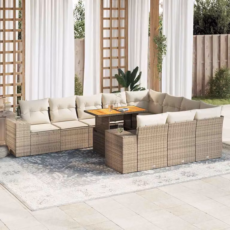 Set da giardino vidaXL in polyrattan e legno di acacia con 10 pezzi, colore beige e bianco, con cuscini imbottiti e tavolino da esterno