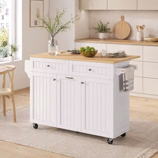 isola da cucina mobile bianca con piano estensibile, ruote e vani contenitore