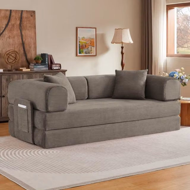 Divano letto clic-clac pieghevole Chicfurn in velluto a coste con 2 cuscini e struttura in acciaio, colore tortora