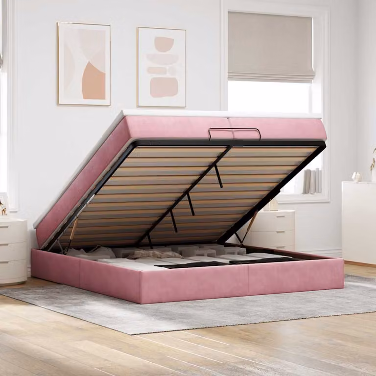Struttura Letto con Contenitore e Materassi vidaXL in Velluto Rosa e Bianco, L 200 x P 200 x H 280 cm