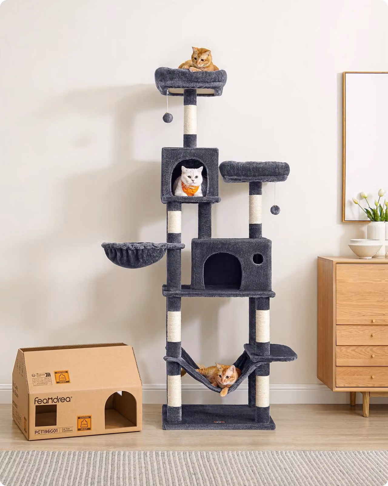 Tiragraffi per gatti - Albero da arrampicata/colonna tiragraffi - Altezza 199 cm - Almeno 5 livelli - Rivestimenti sfoderabili - Ampia cuccia - Nero