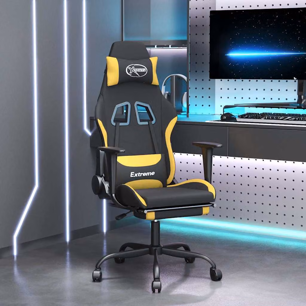 Sedia da Gaming vidaXL con Poggiapiedi, Tessuto, Nero e Giallo, Ruote e Braccioli