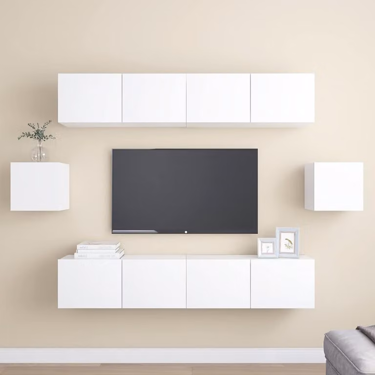 Set di mobili porta TV vidaXL da 6 pezzi in legno multistrato e MDF, colore bianco opaco, design minimalista per soggiorno