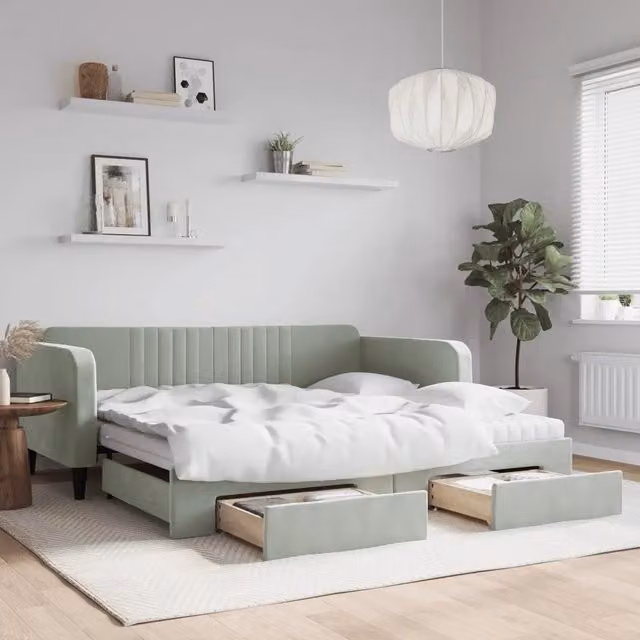 Divano Letto Estraibile con Cassetti vidaXL in Velluto Grigio per Soggiorno e Camera da Letto L/P/H: 223 x 110 x 75 cm, Dimensioni Letto: 100 x 200 cm – 1
