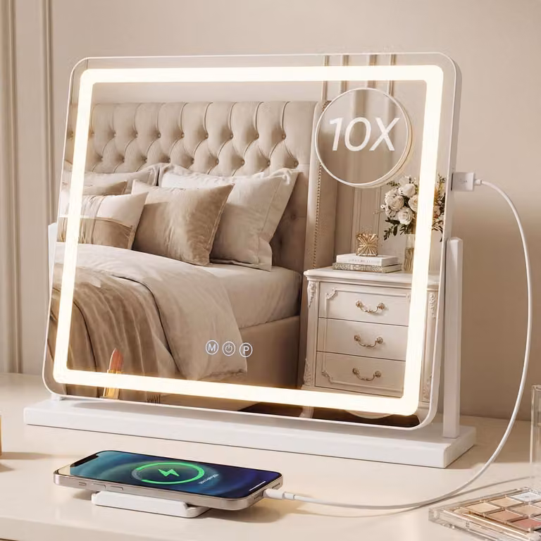 Specchio per tavolo da trucco con illuminazione LED, dimensioni 55x48 cm, alta definizione, rotazione a 360°, lente d'ingrandimento 10x, 3 temperature di colore, dimmerabile, funzione di memorizzazione, con porta USB, colore bianco