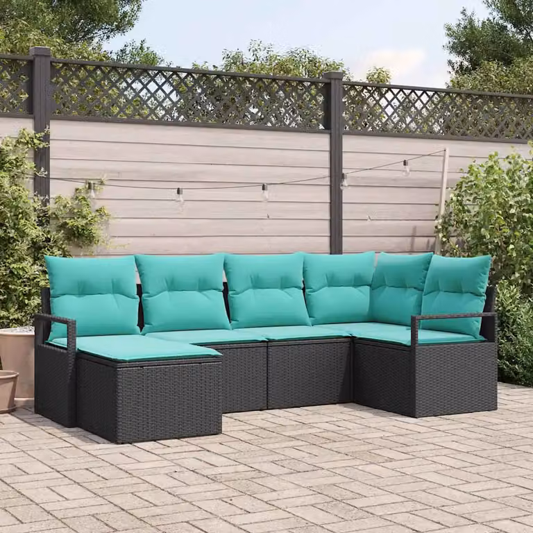Set di divani da giardino vidaXL a forma di U composto da 6 pezzi con cuscini in tessuto turchese e struttura in rattan nero e metallo