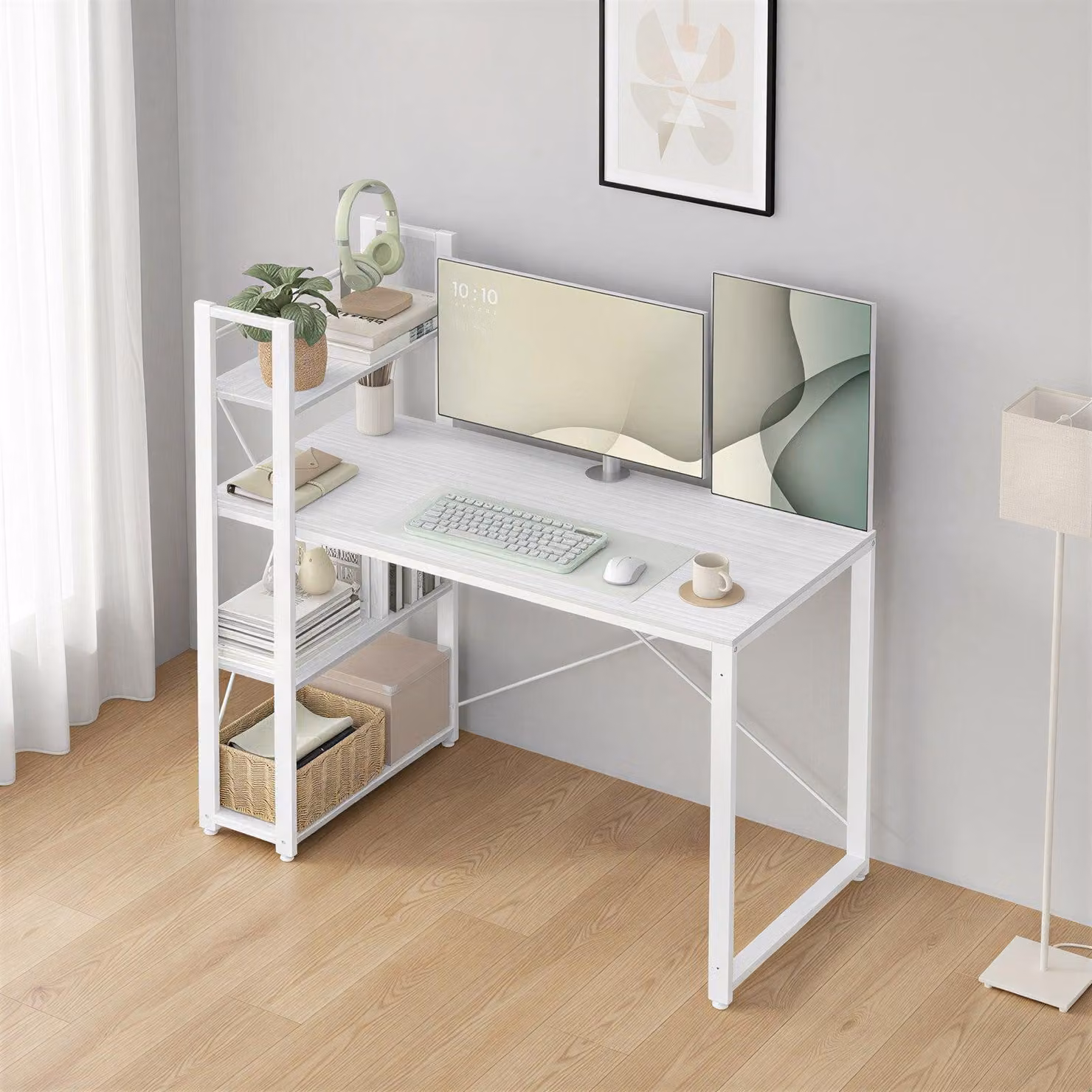 Scrivania ampia, scrivania per computer con spazio contenitivo, scrivania da ufficio | Bianco | 120x60x120,1 cm