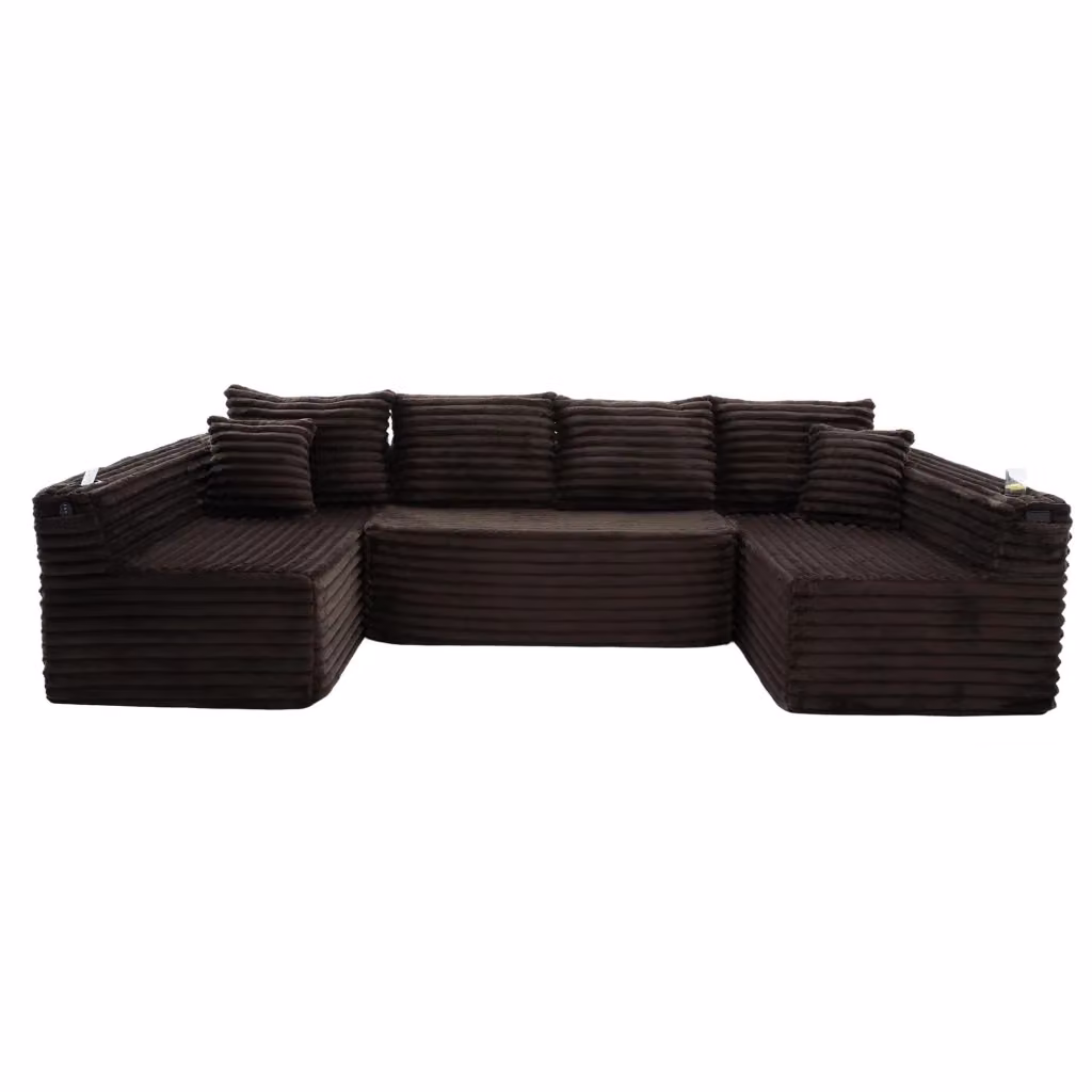 Divano panoramico a U modulare Chicfurn marrone con portabicchieri e cuscini in tessuto a coste L: 320 cm, P: 155 cm, H: 88 cm – 2