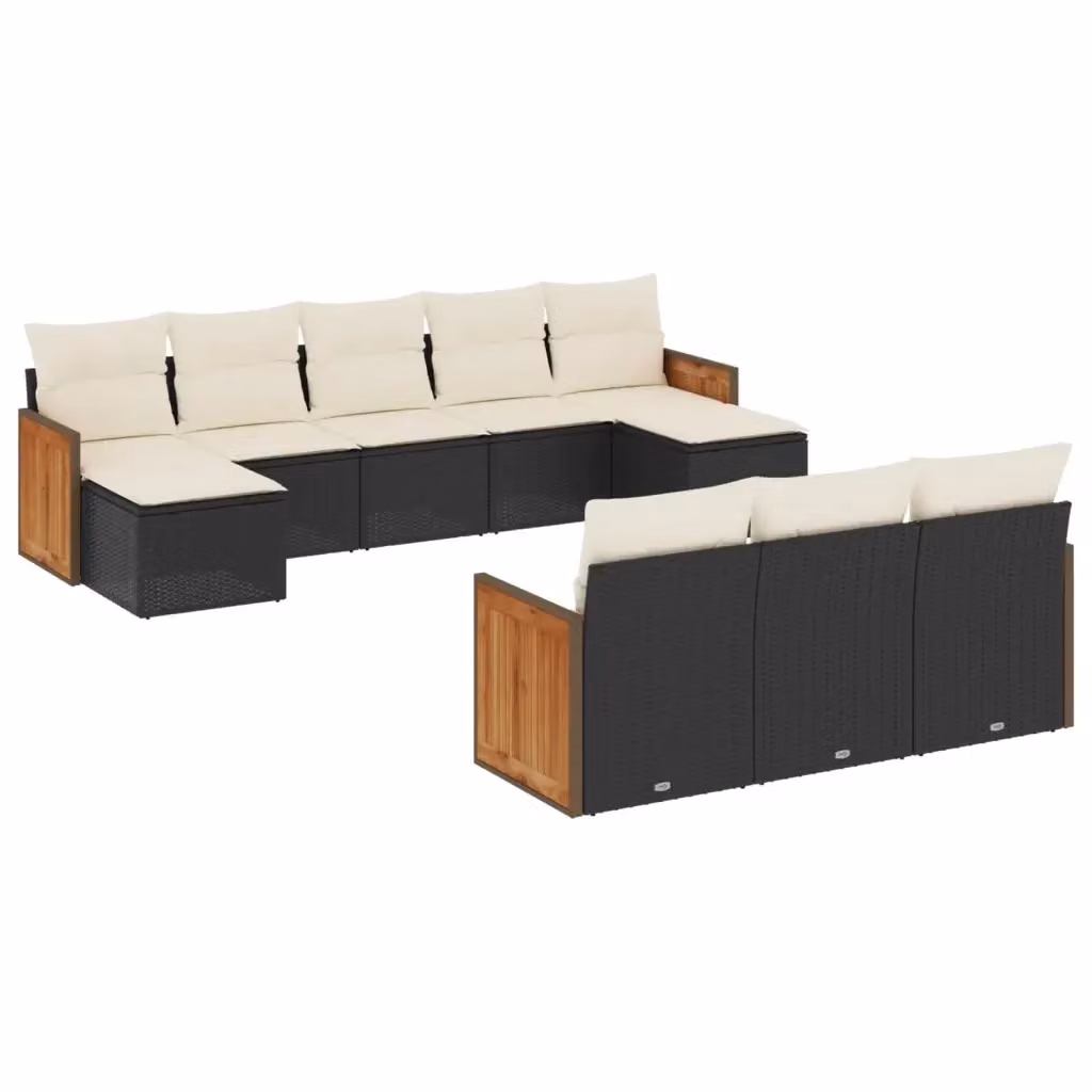 Set di Divani da Giardino a Forma di U vidaXL con 10 Pezzi, Polyrattan e Legno di Acacia, Nero e Bianco – 2