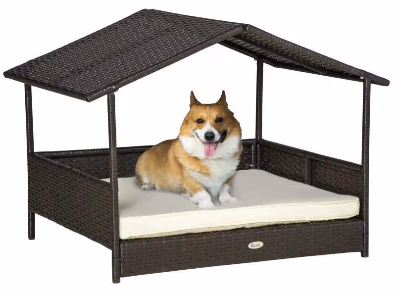 Cuccia per cani con tetto e cuscino – Materiale: rattan in polietilene (PE) | Colore: marrone | Dimensioni: 69x98x70 cm