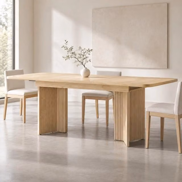 Tavolo da pranzo allungabile 120-160 cm con gambe a V scanalate verticali, MDF e metallo, finiture in rovere chiaro o noce